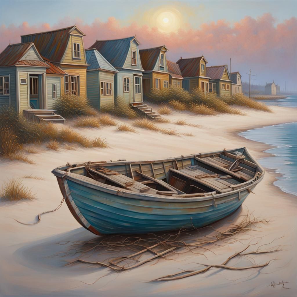 Abandoned Boat on Sandy Shore Oil Painting