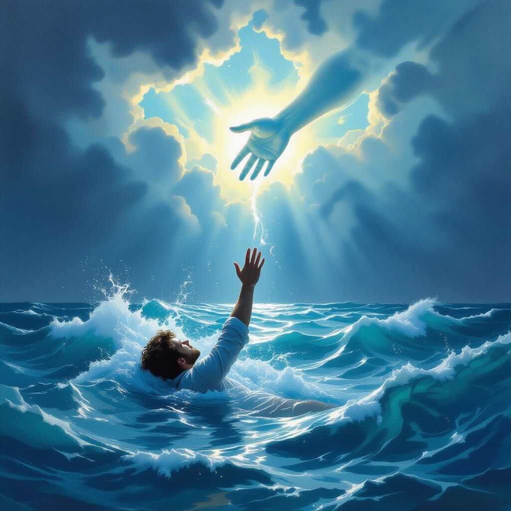 Man Drowning, Celestial Hand Offers Hope in Stormy Sea