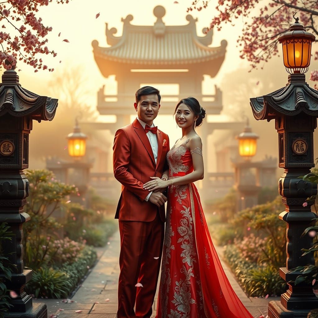 Elegant Asian Couple in Golden-Hour Garden