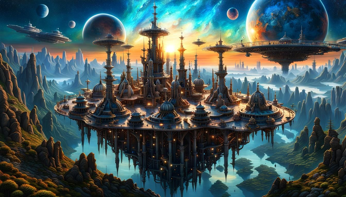 Platformed Solarpunk Cityscape with Iridescent Lights