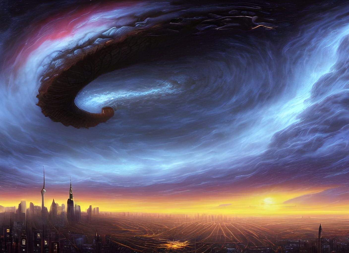 Sci-Fi Cityscape Under a Galactic Spiral