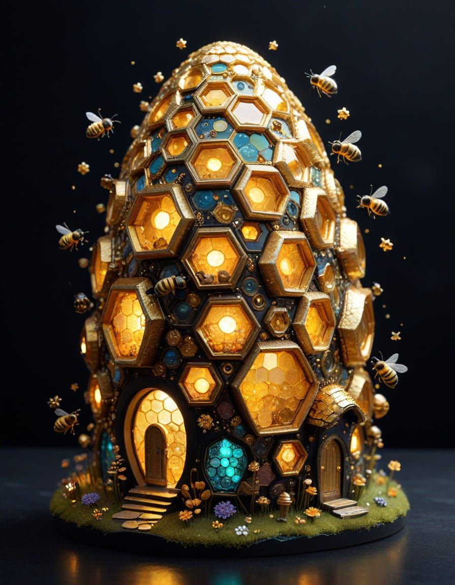Whimsical Beehive City in Sparkly, Glittering Detail