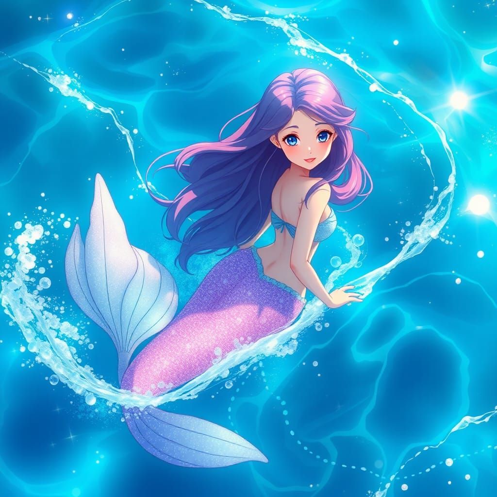 Mermaid with Multicolored Hair in Anime Style