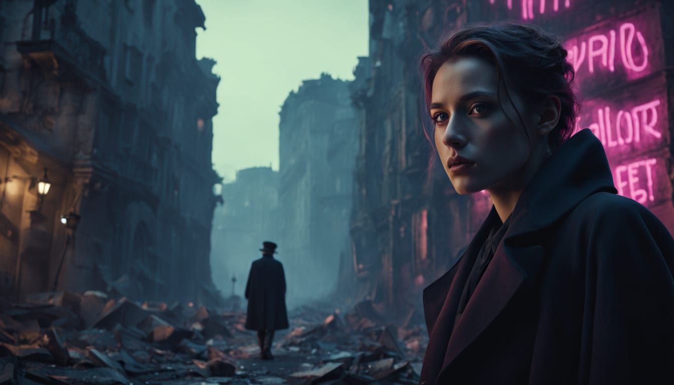 Epic Cityscape in Ruins: A Lone Figure in a Dark Coat