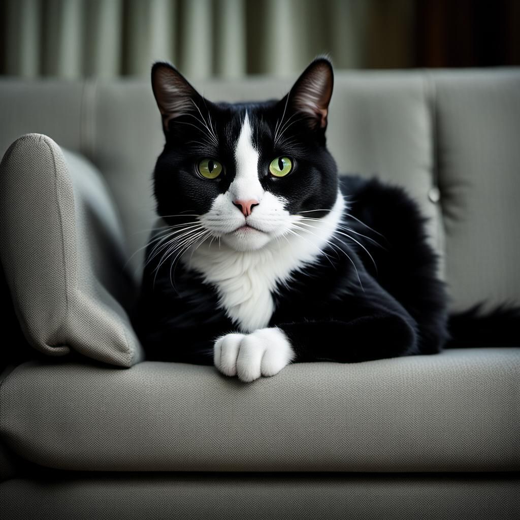 Tuxedo Cat Portrait on Grey Sofa with Bird Cushions