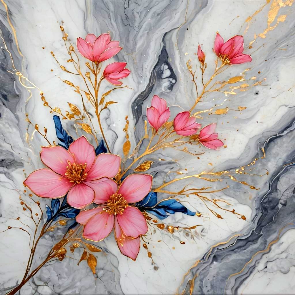 Floral Art on Marble with Golden Streaks