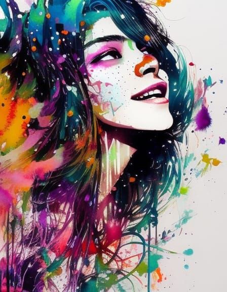 Laughing Witch Portrait in Watercolour Splash Art