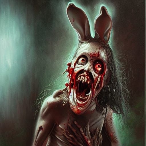 Scary Zombie Bunny Oil Painting