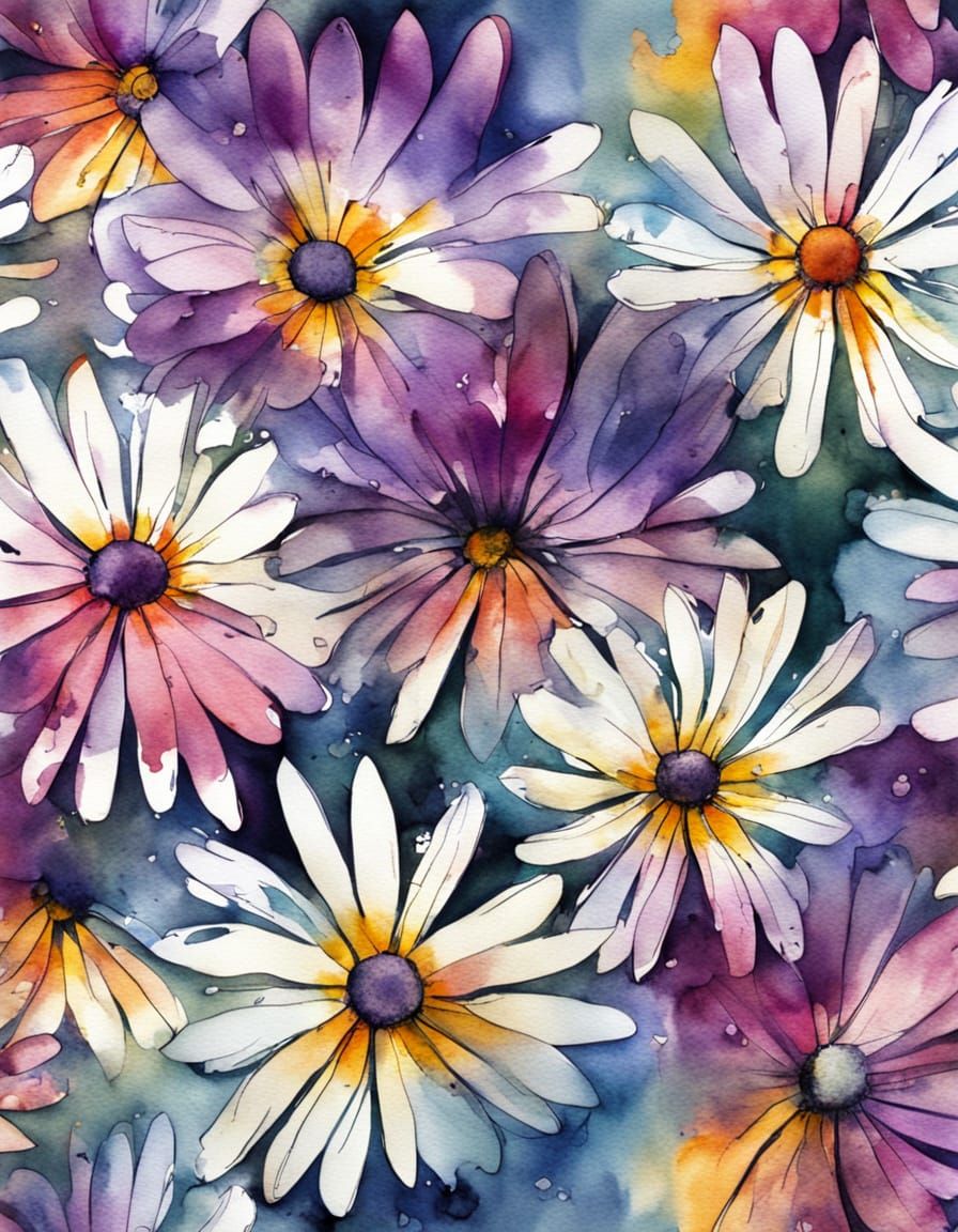 Vibrant Osteospermum Blooms in Whimsical Ink Watercolor
