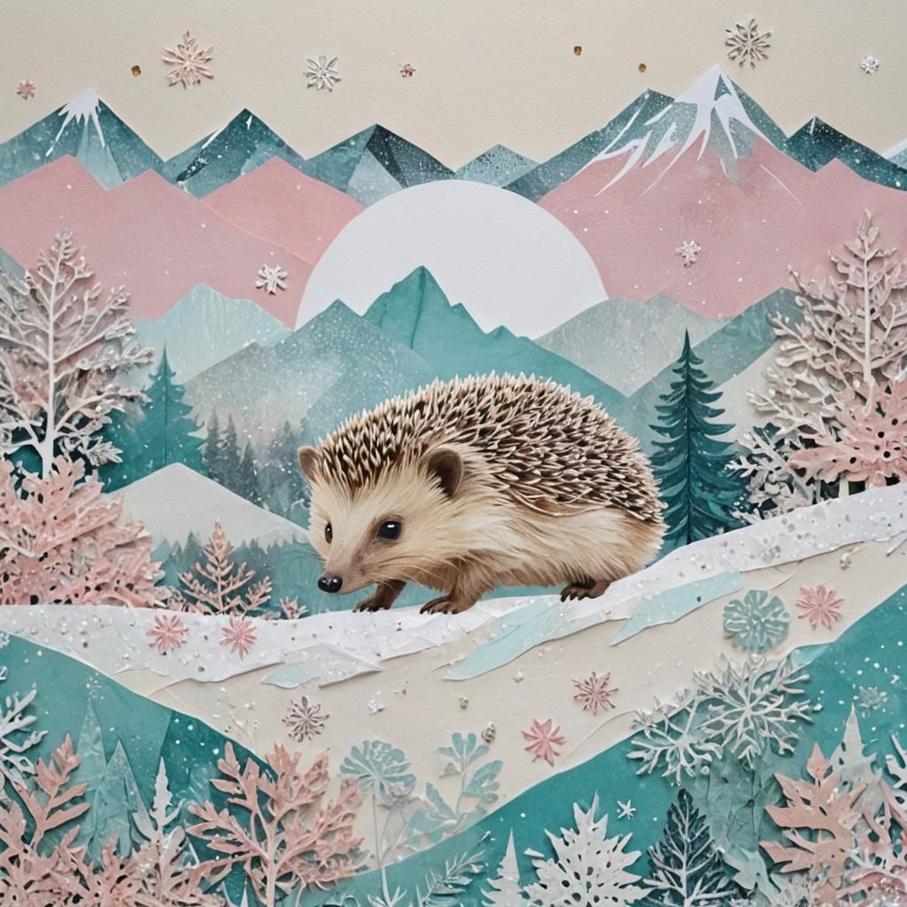 Winter Hedgehog in Paper Collage Art