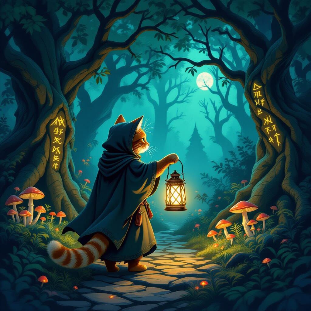 Enchanted Cat's Twilight Journey Through Mystic Forest