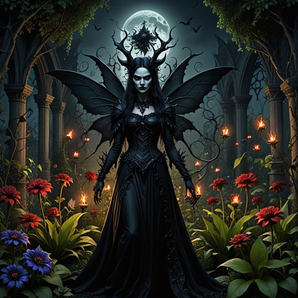 Gothic Fairy in Midnight Garden of Poisonous Blooms