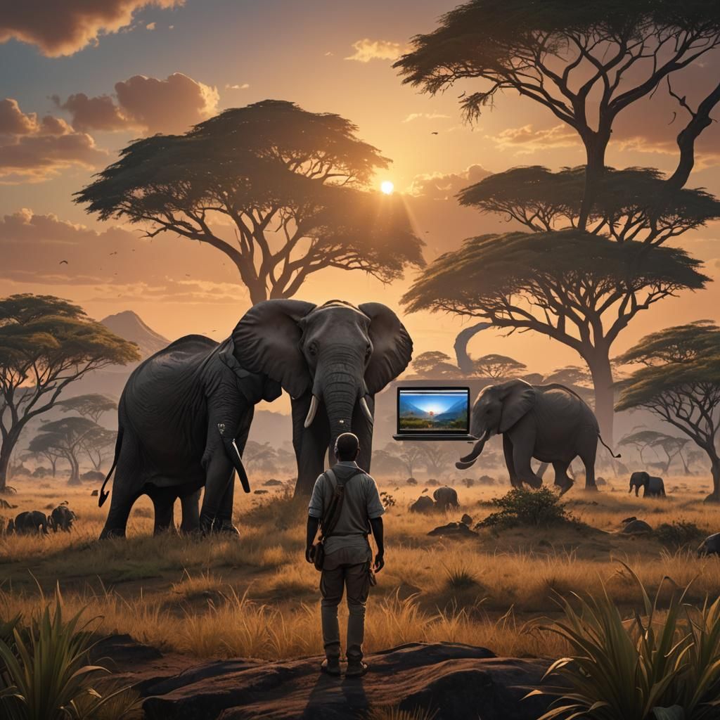 Savanna Sunset: Man, Elephant, and Forex Charts