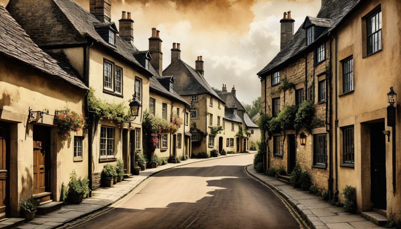 English Village Ink Painting on Vintage Paper