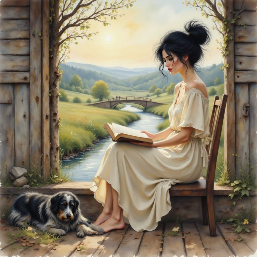 Woman Reading by River in Impressionistic Style