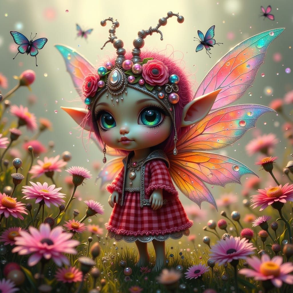 Whimsical Crystal Fae in Red Gingham Attire Soars in a Vibra...