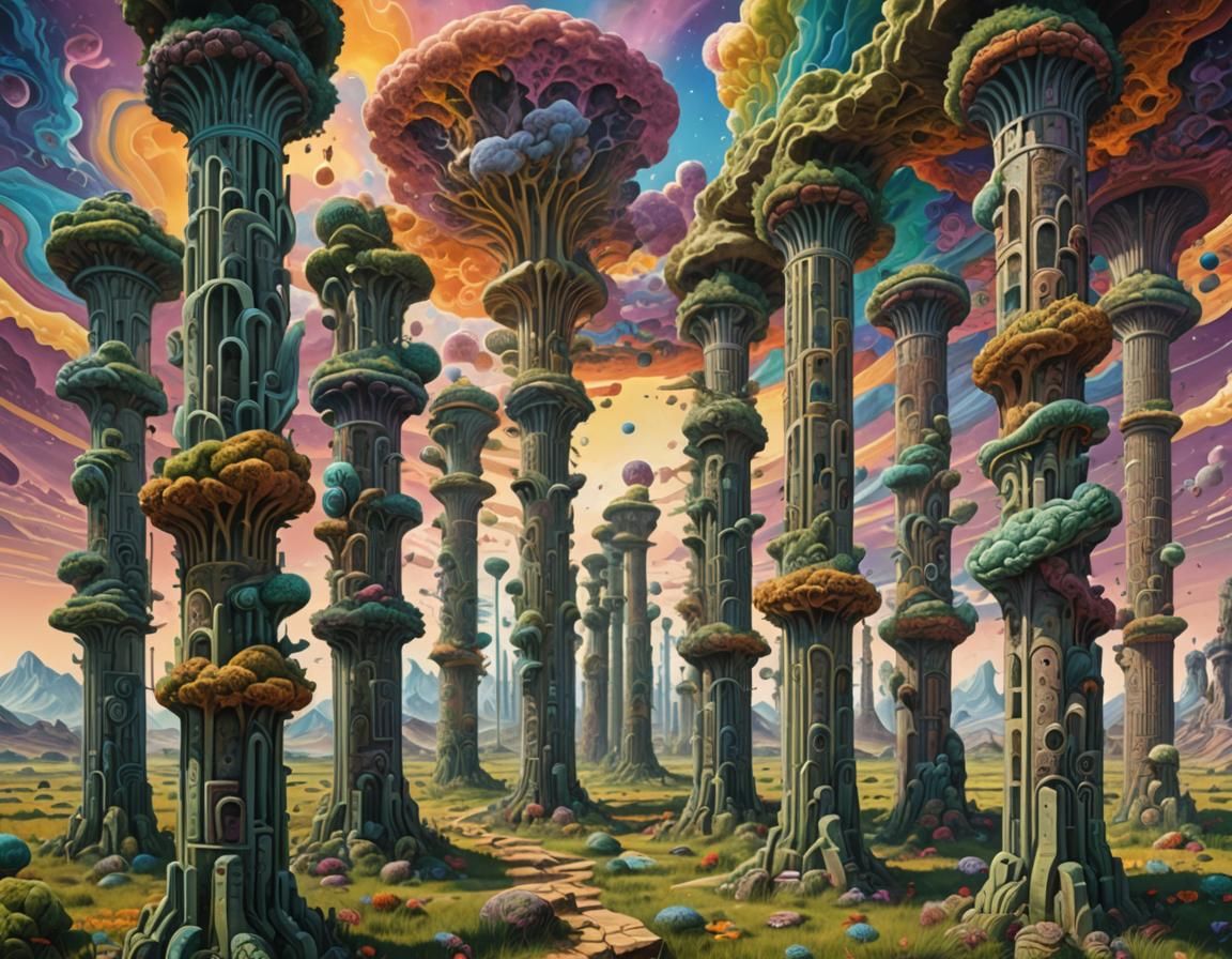 Psychedelic Pillars in Surreal Field, Detailed Visionary Art