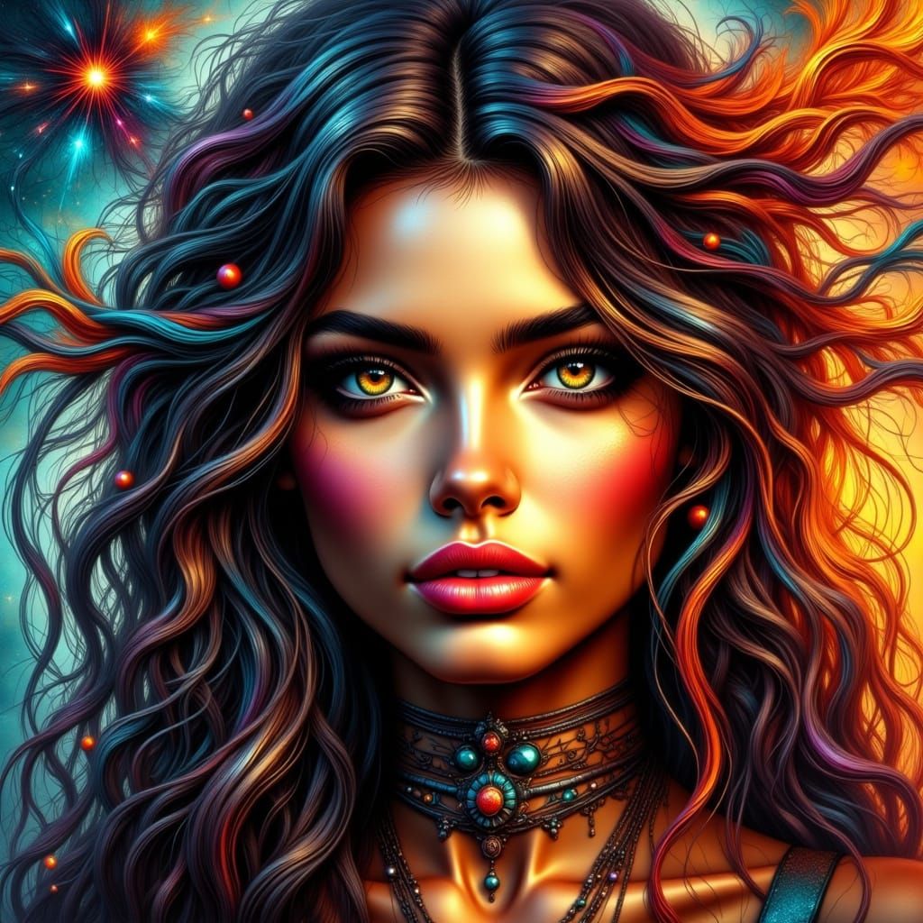 Ethereal Goddess with Vibrant Orange Eyes