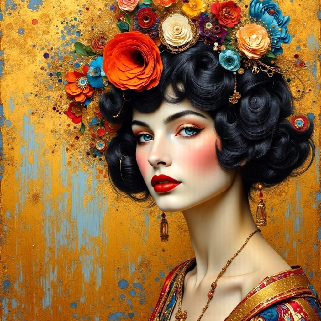 Intricately Detailed Klimt-Inspired Portrait in Photorealist...