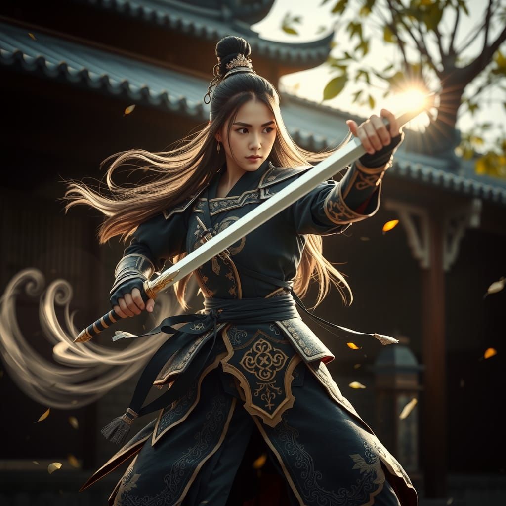 Chinese Woman Warrior with Sword and Silver Aura
