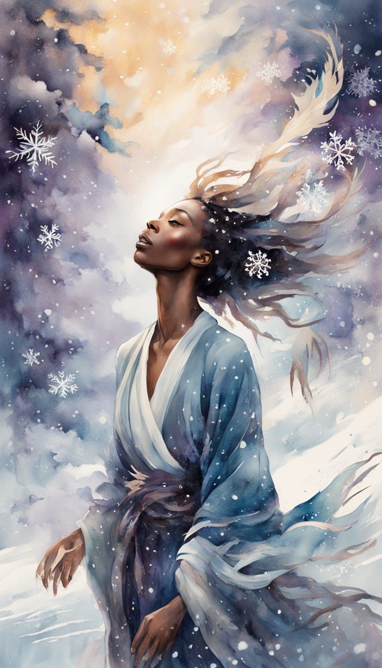 Dreamy Watercolor Portrait of a Young Black Woman in Snow