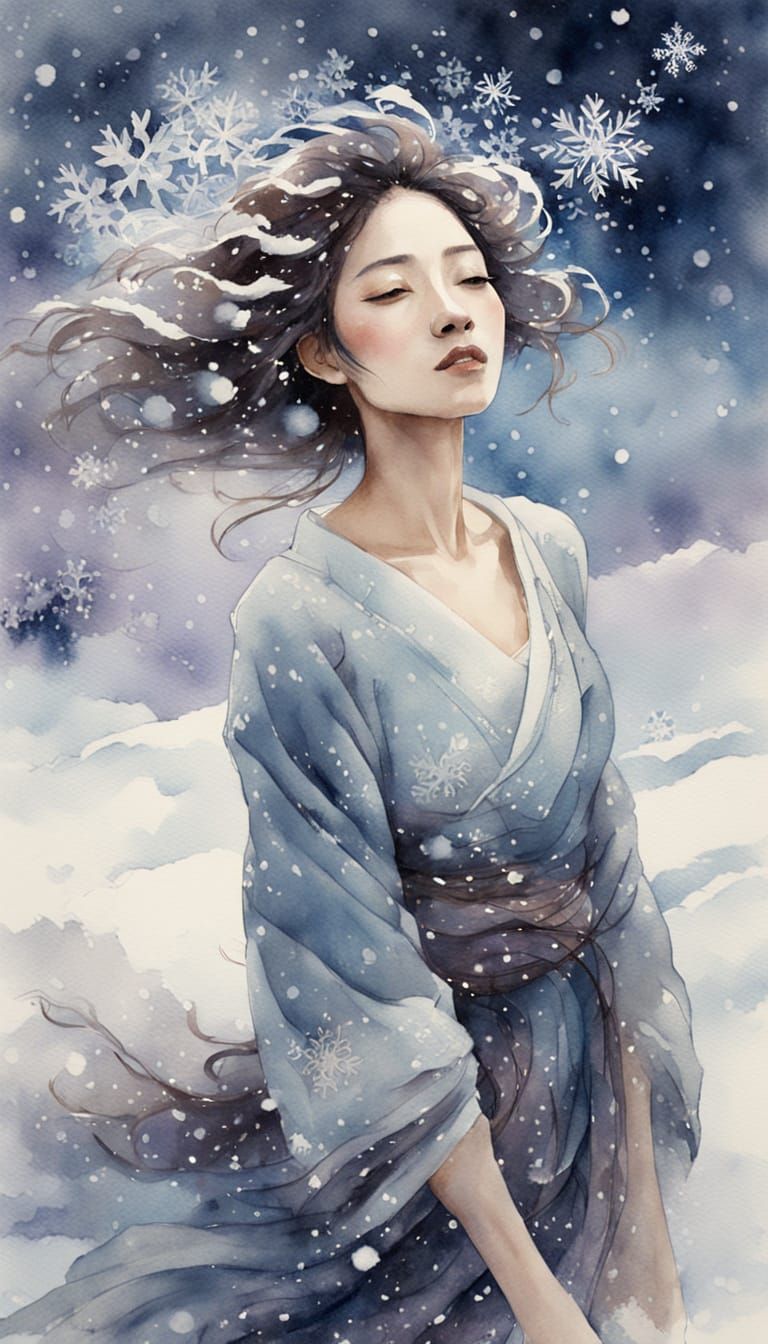 Dreamy Watercolor Portrait of a Young Lady in Snowy Serenity