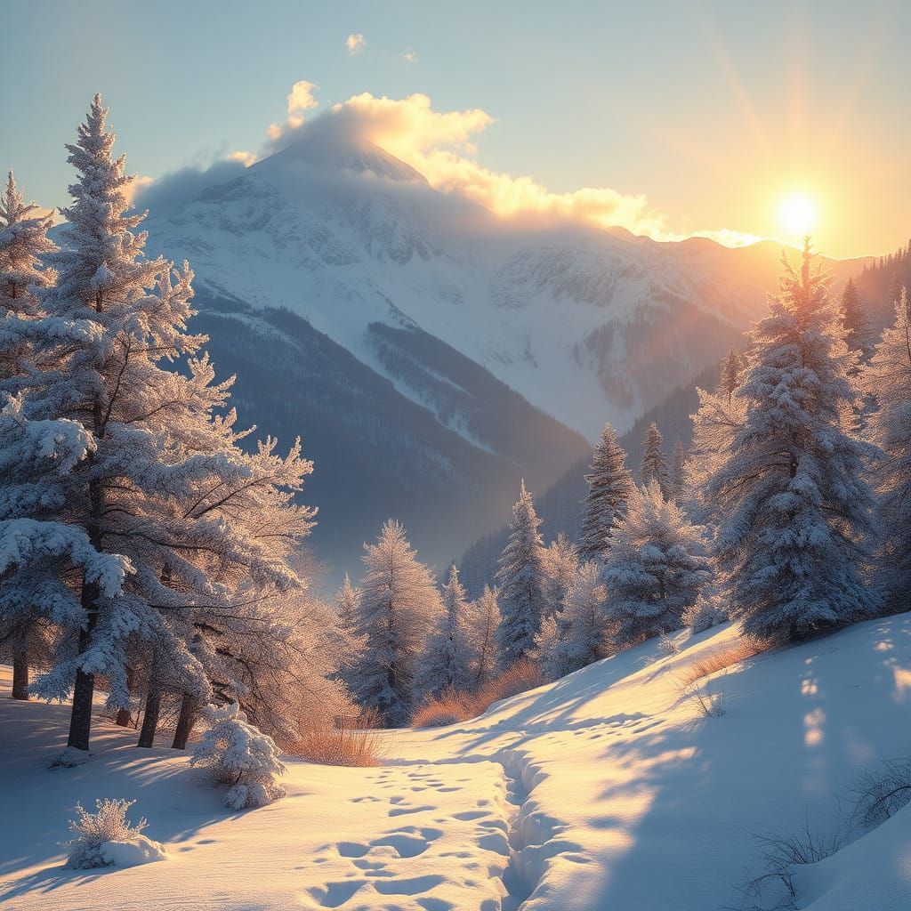 Ethereal Winter Mountains Bask in Radiant Sunshine
