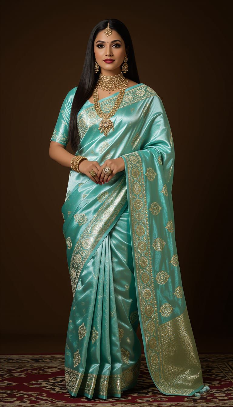 Indian Woman in Embroidered Saree: Vintage Film Aesthetic