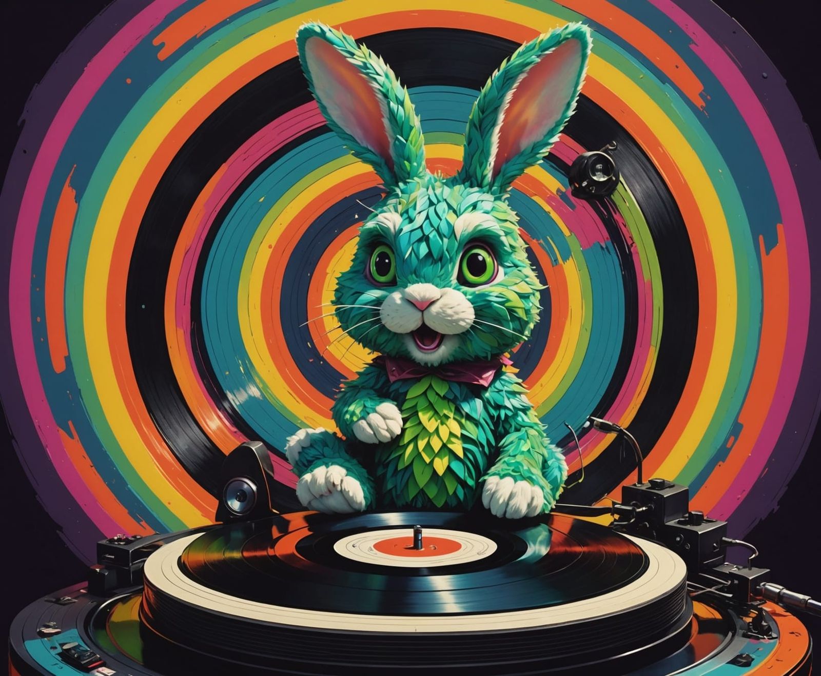Psychedelic Bunny DJ Amidst Swirling Colors