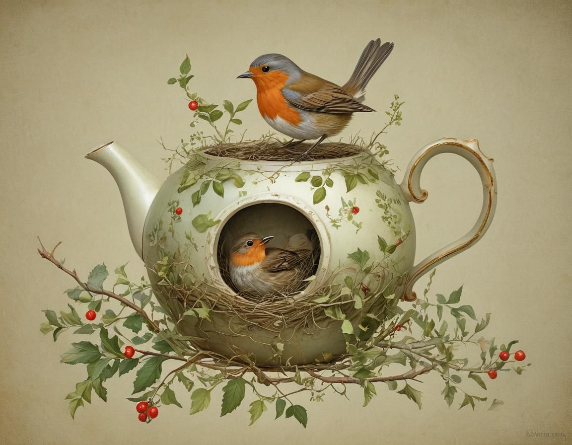 Whimsical Storybook Illustration of a Robin's Nest in a Brok...