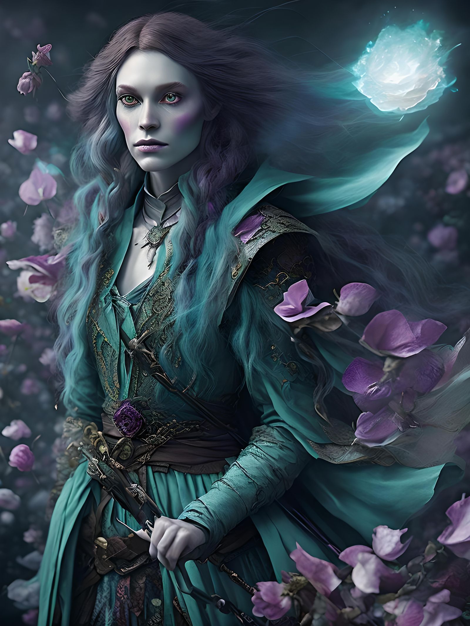 Fey Wizardess Surrounded by Ghostly Petals