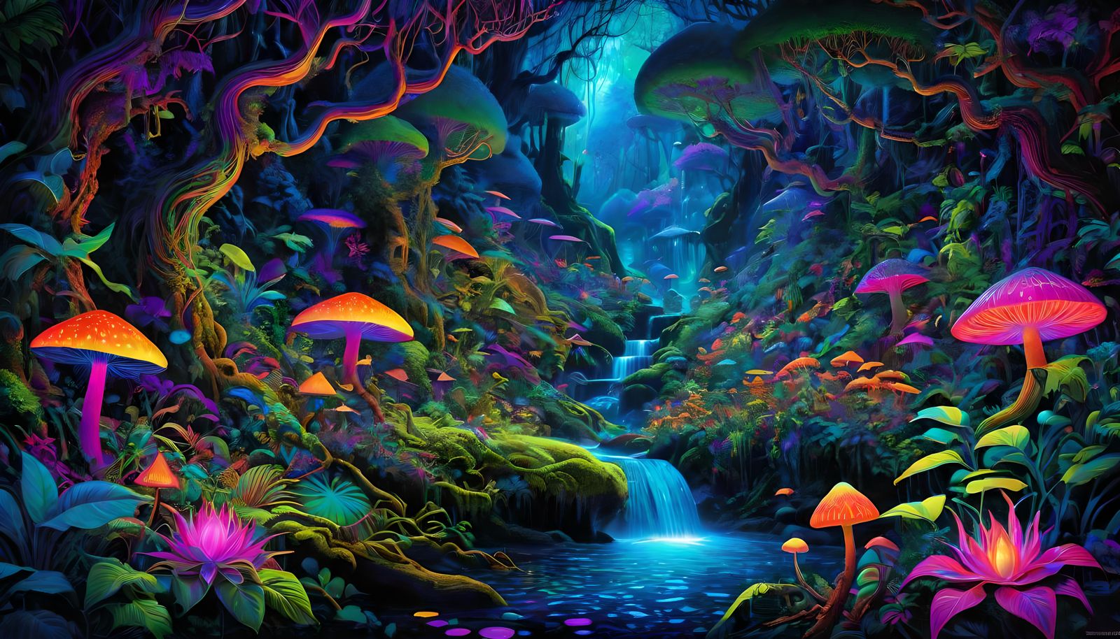 Blacklight Art: Mythical Creatures in Psychedelic Jungle