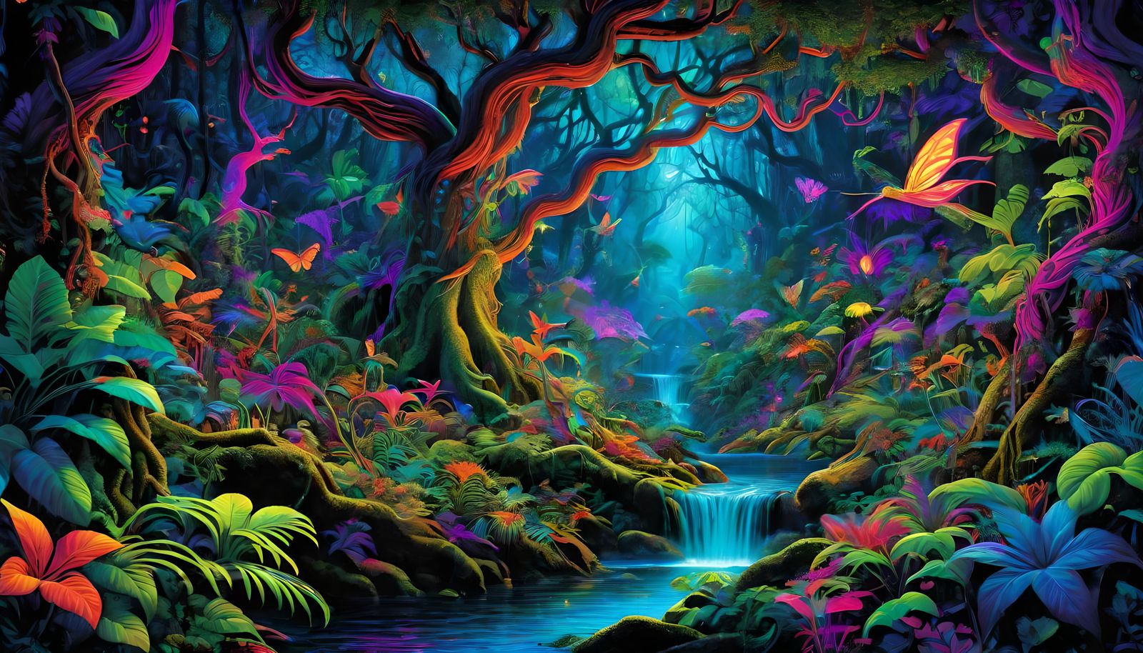 Psychedelic Blacklight Jungle with Mythical Creatures