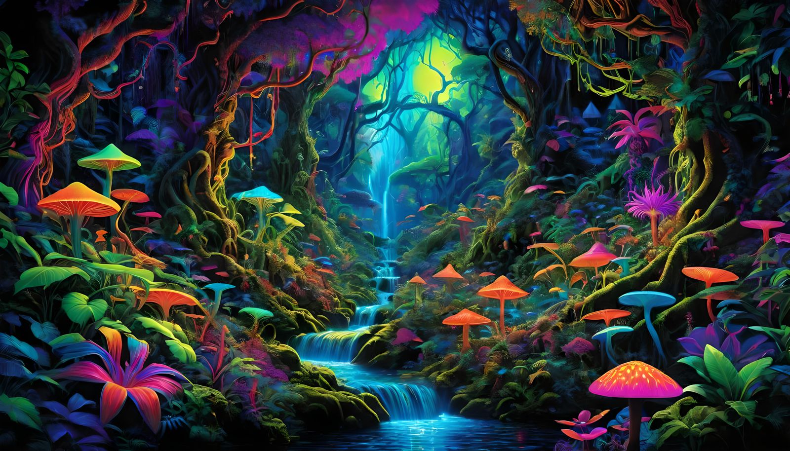 Psychedelic Blacklight Jungle with Mythical Creatures