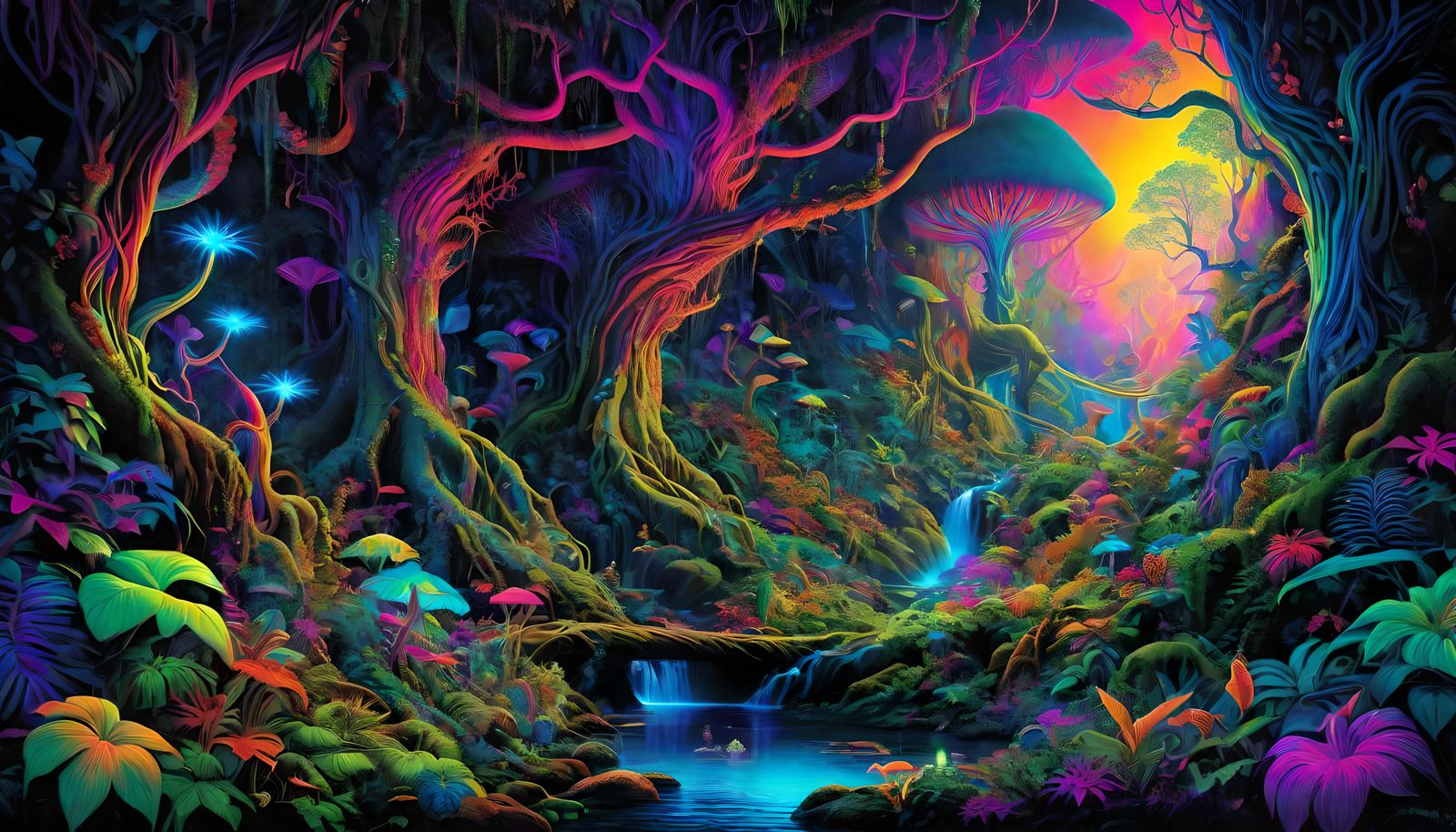 Psychedelic Blacklight Jungle with Mythical Creatures