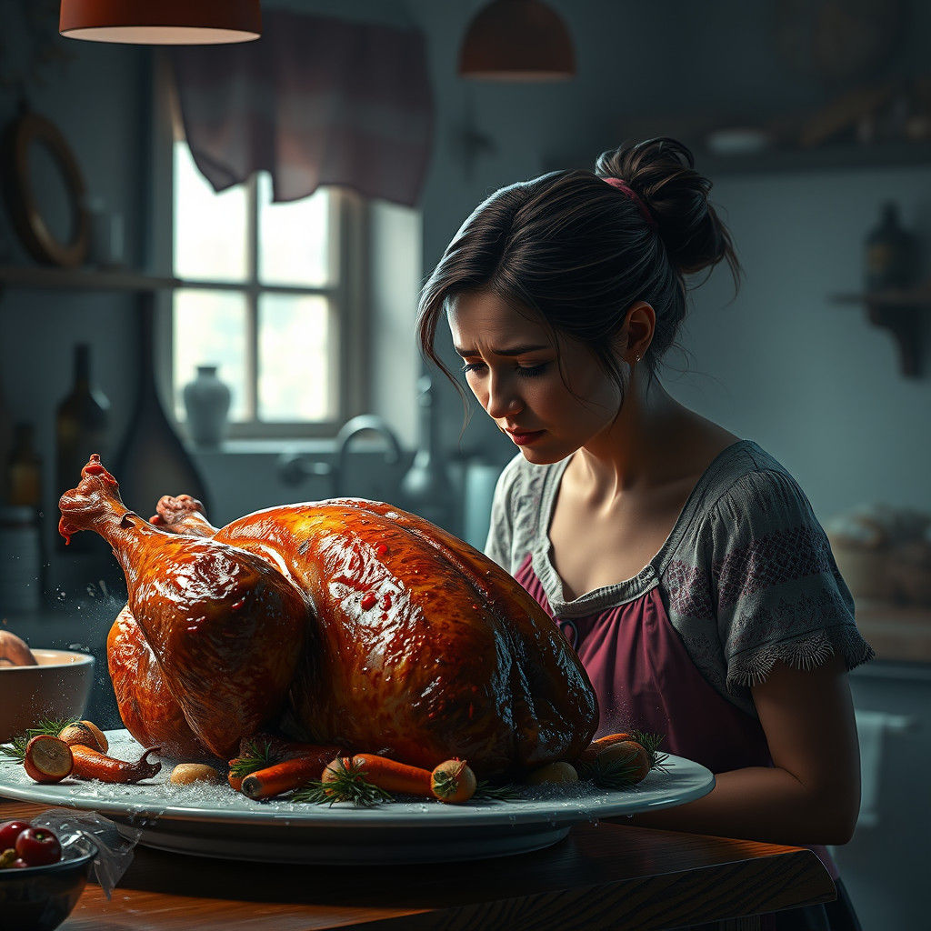 Woman's Kitchen Disaster: Overcooked Turkey in Matte Paintin...