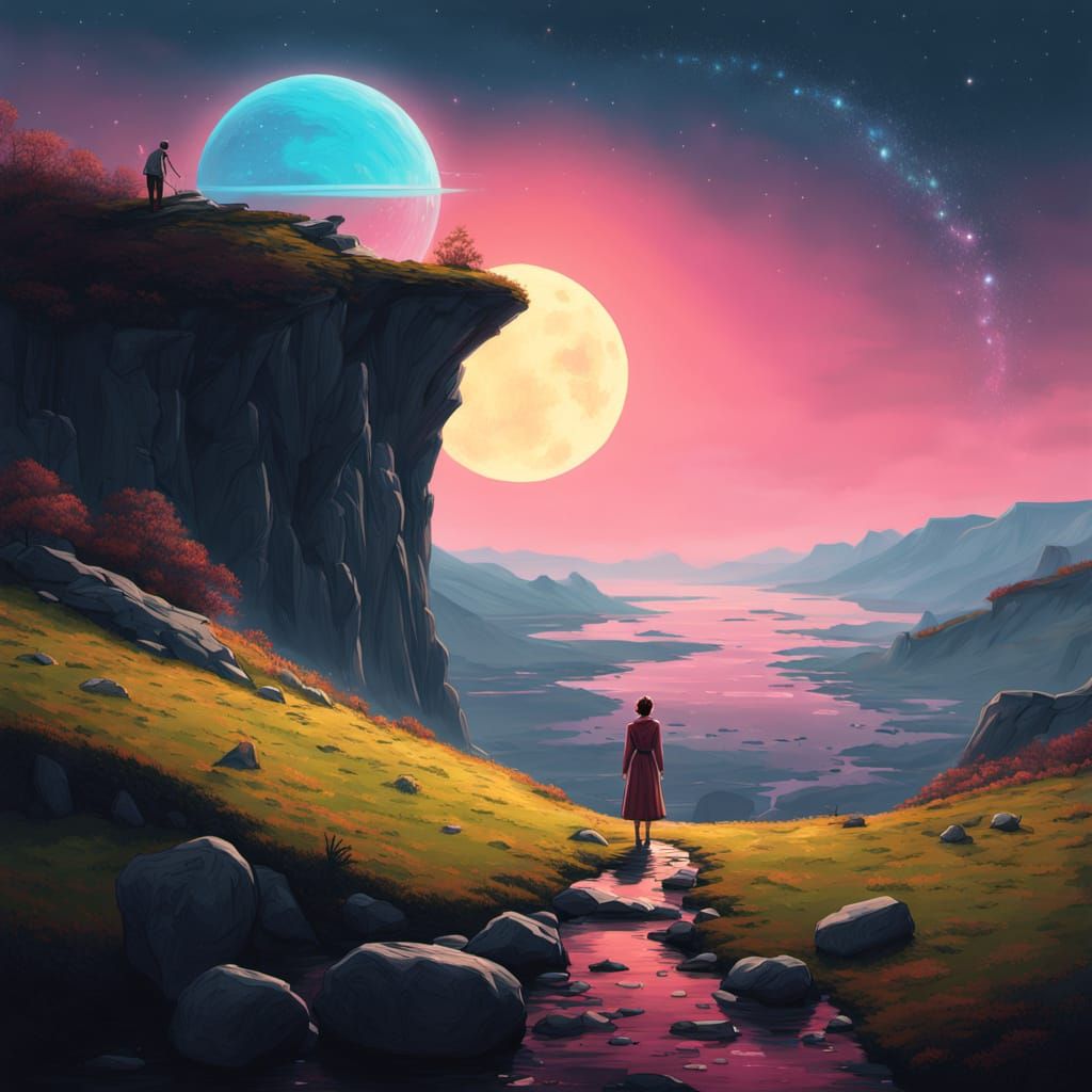 Woman Gazes at Wormhole Under Starry Sky