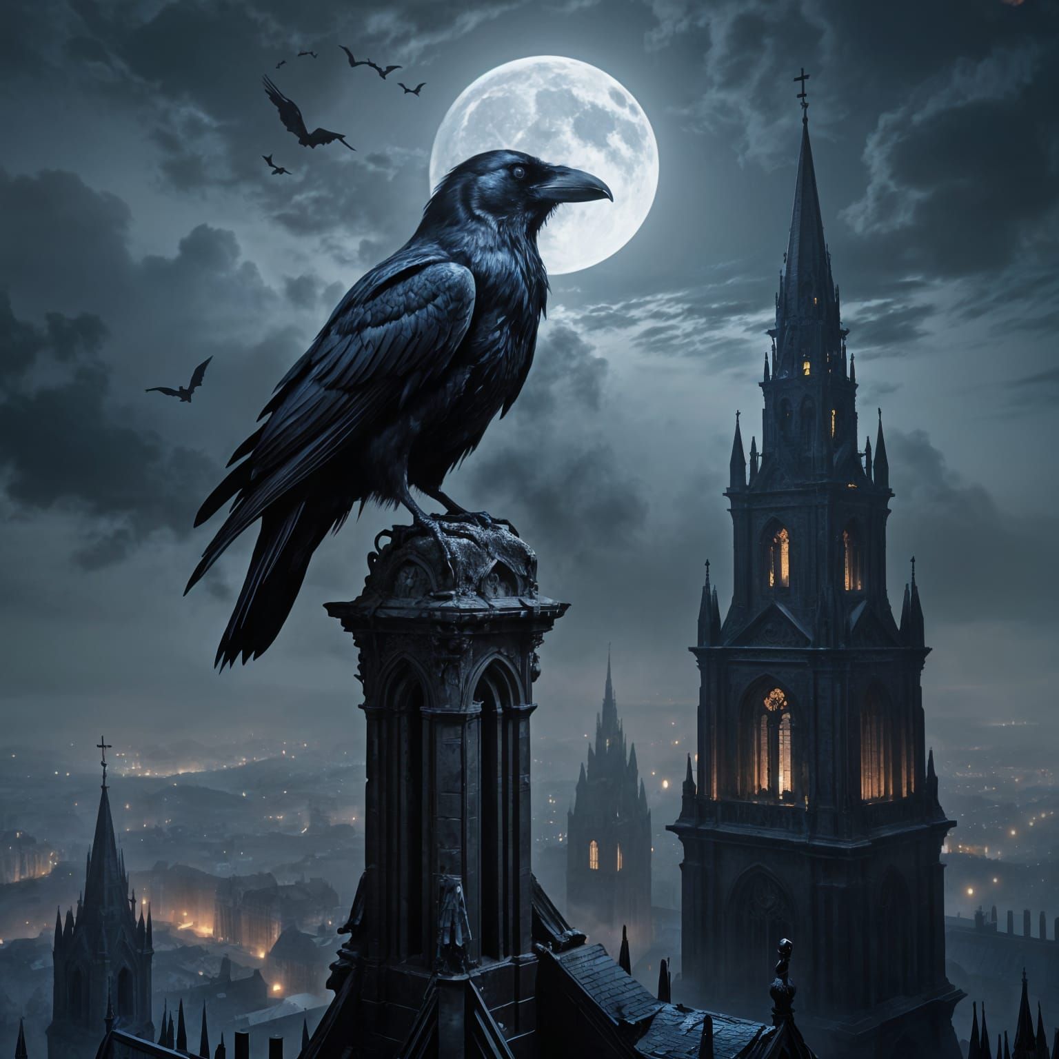 Raven on Gothic Cathedral Spire Above Misty City
