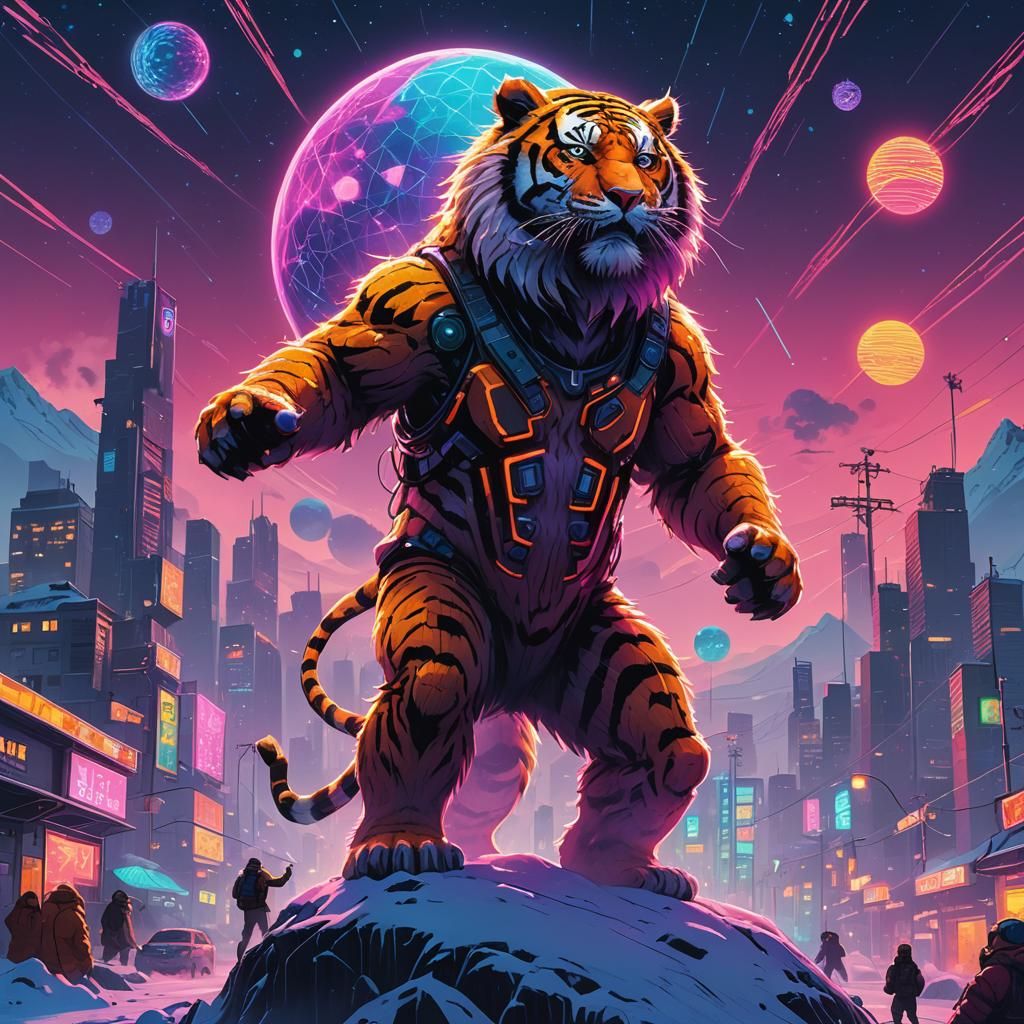 Tiger Disco Party with Yetis Under Starry Sky