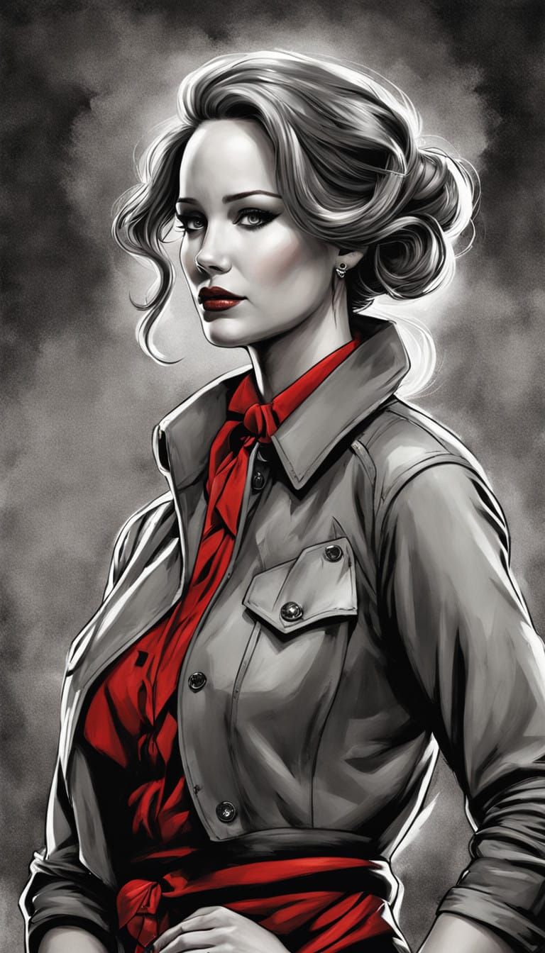 Red Haired Jennifer Lawrence in Dark Grayscale Oil Painting