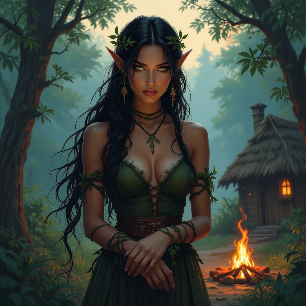 Fantasy Woman in Forest Clearing at Dusk