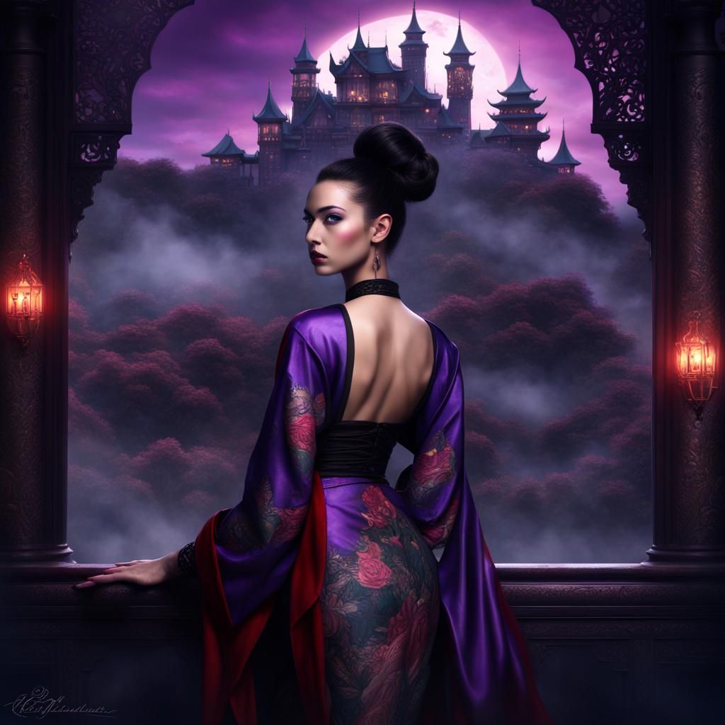 Goddess of Shadows in Dark Blue Kimono