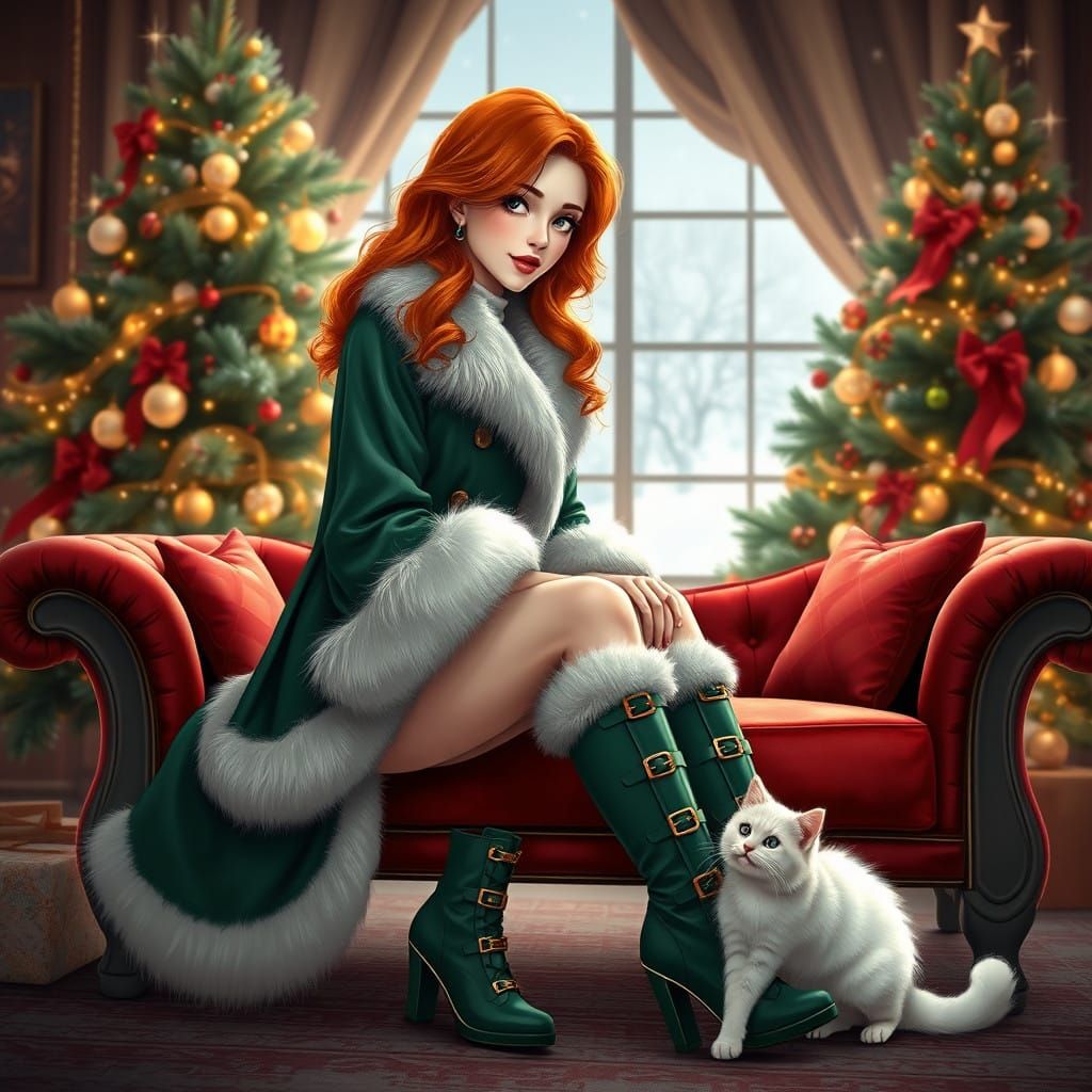 Hyper Realistic Ginger Redhead Woman in Elegant Christmas Fi...