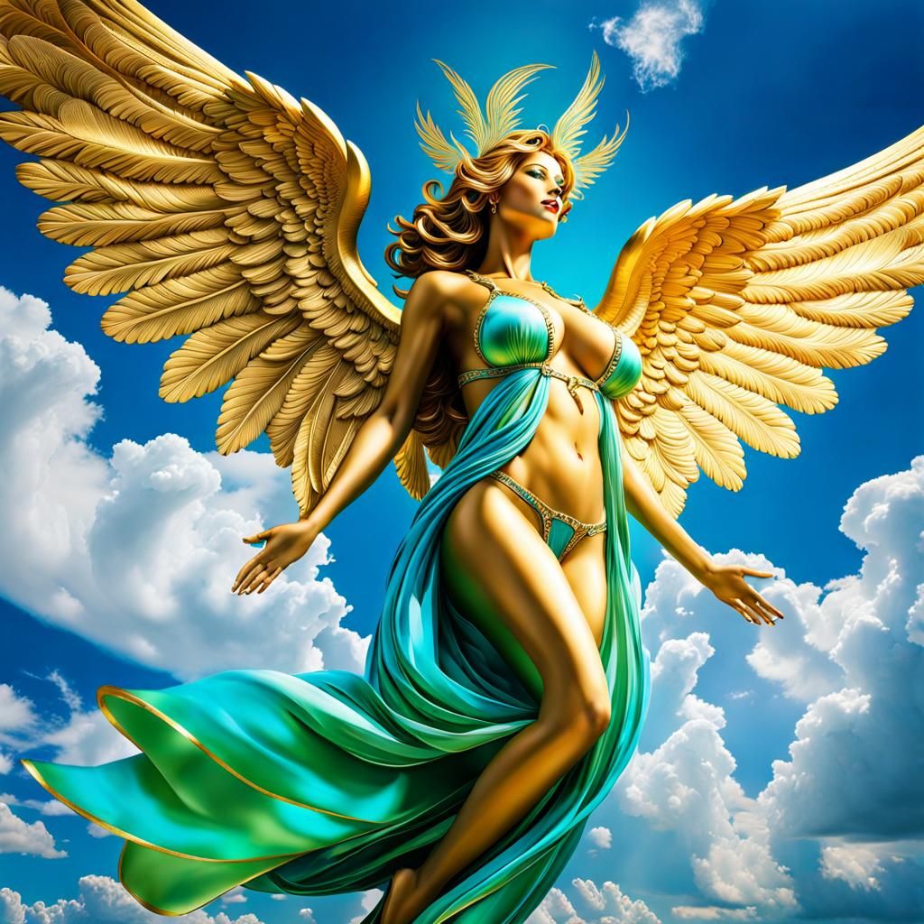 Joyful Golden Angel with Green Wings