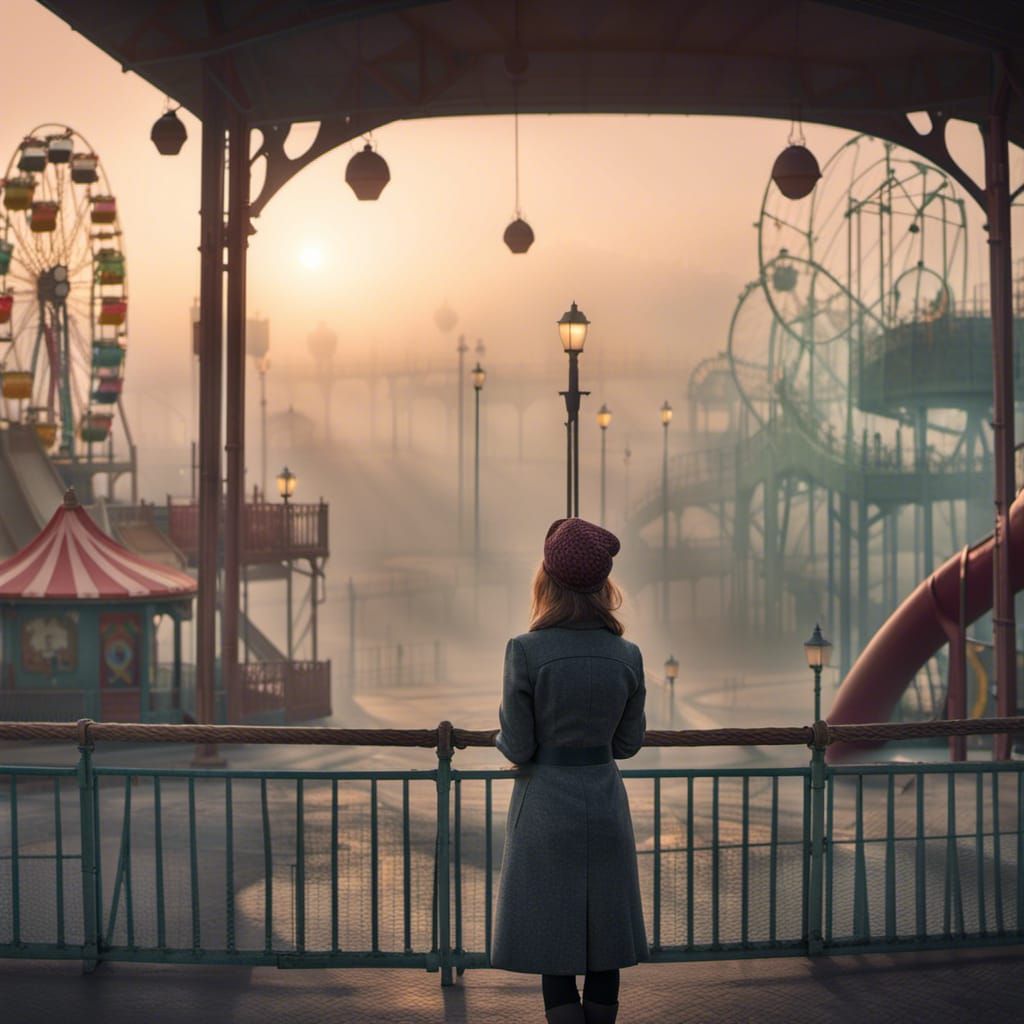 Lonely Girl at 1960s Amusement Park, Hyperrealistic
