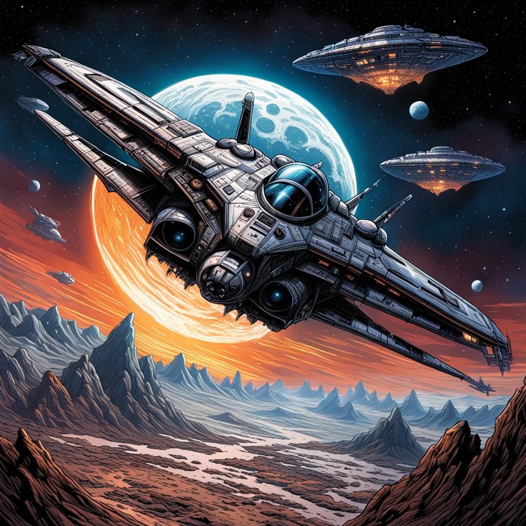 Space Fighter Over Alien Moonscape in Comic Book Art