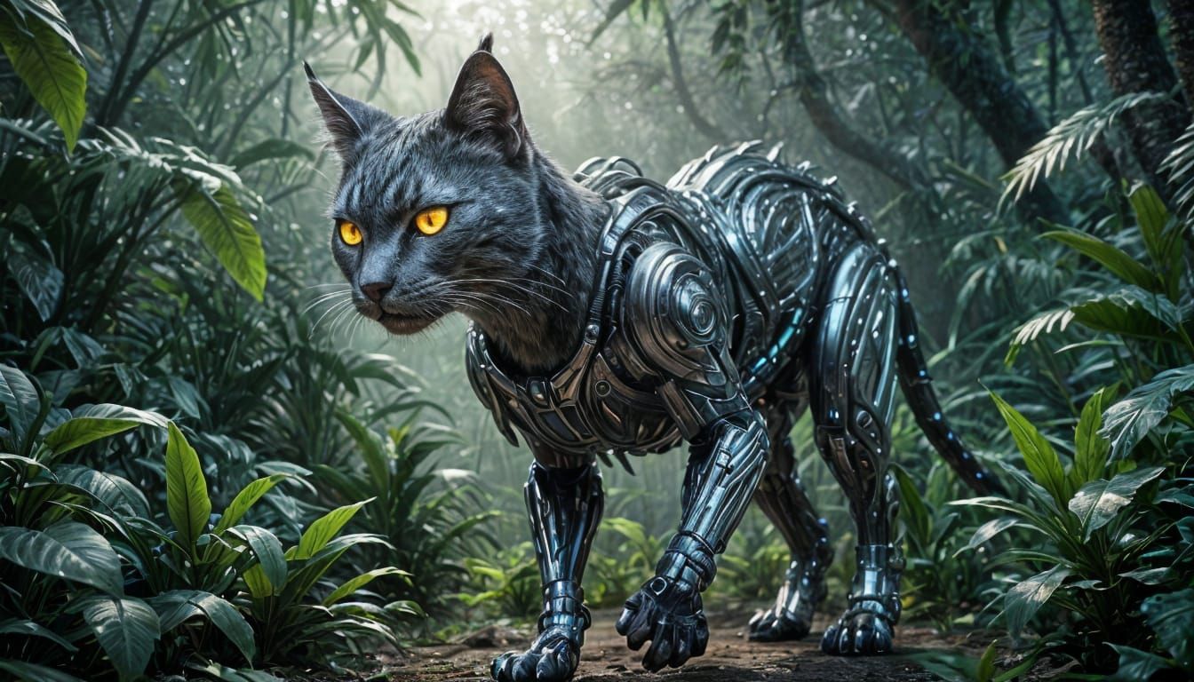 Cybernetic Cat Stalks Jungle at Dawn