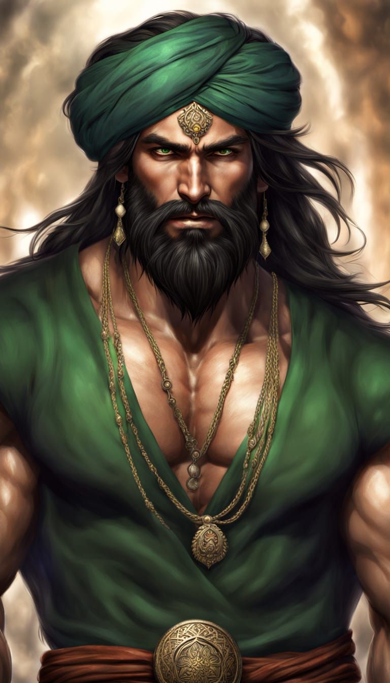 Handsome Persian Djinn in Turban, Muscular and Shirtless