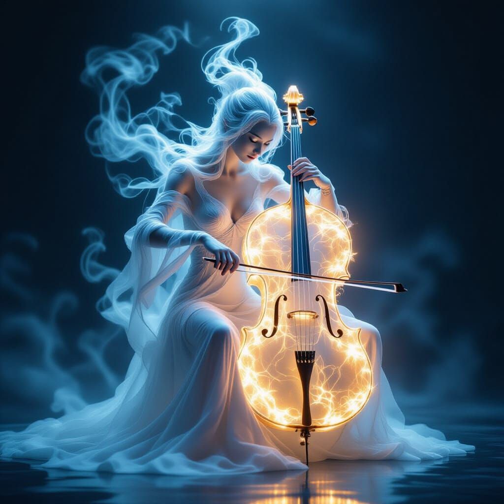 Ethereal Smoke Being Plays Light Cello in Dark Fantasy