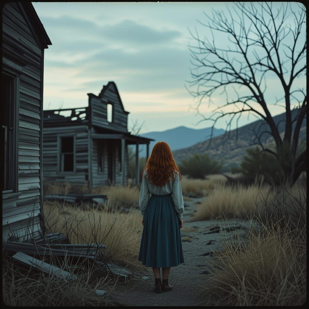 Ghost Town Whispers to Woman in Cinematic Film Still